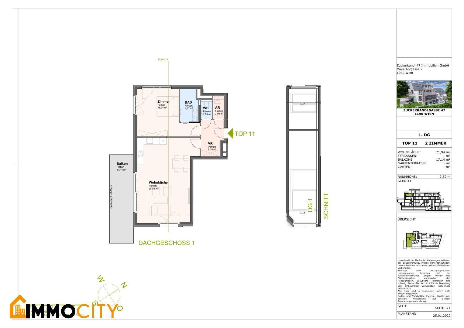 Grundriss einer 2-Zimmer-Dachgeschosswohnung mit Balkon und offener Wohnküche.