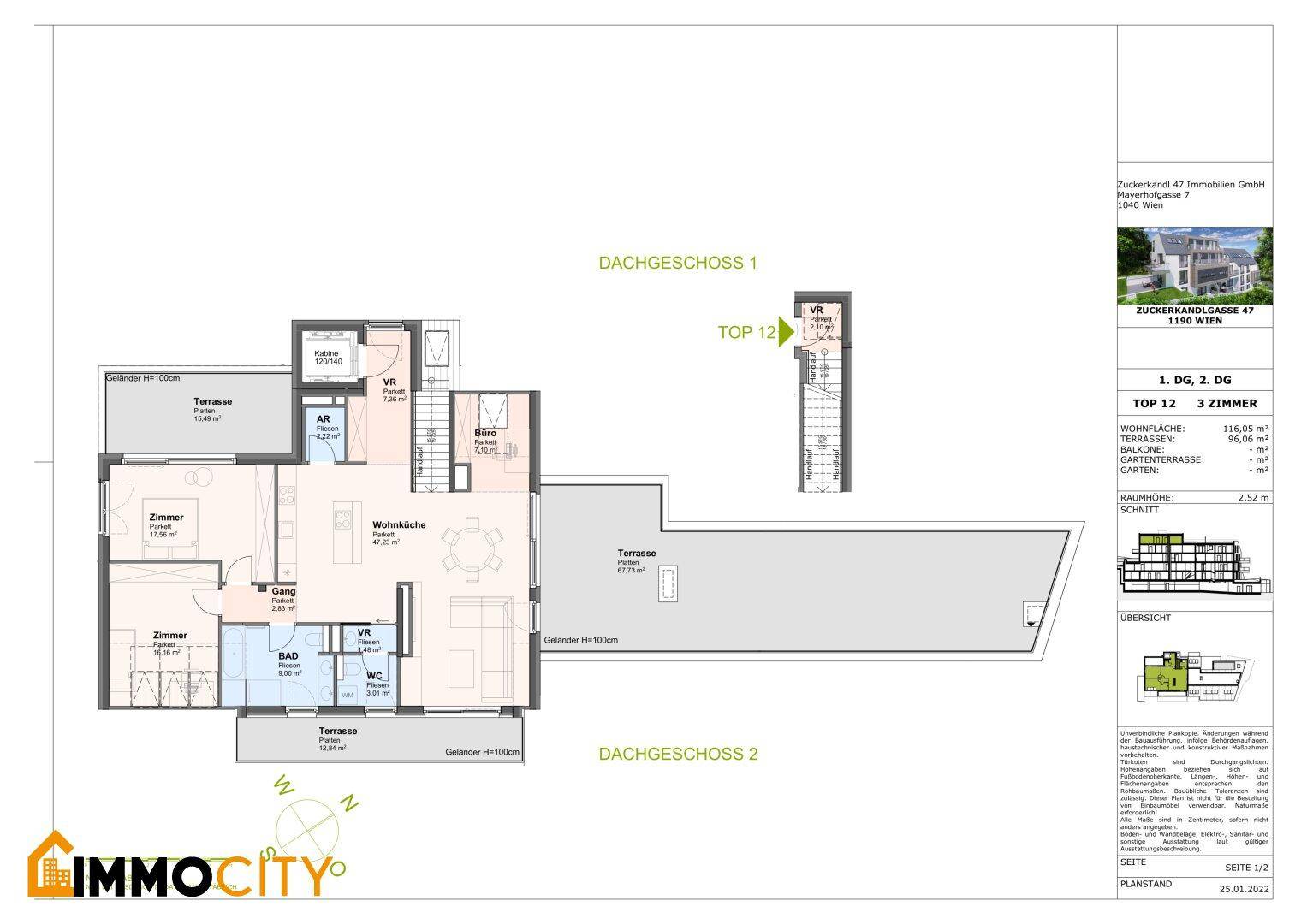 Grundriss einer 3-Zimmer-Dachgeschosswohnung mit mehreren Terrassen und offenem Wohnbereich.