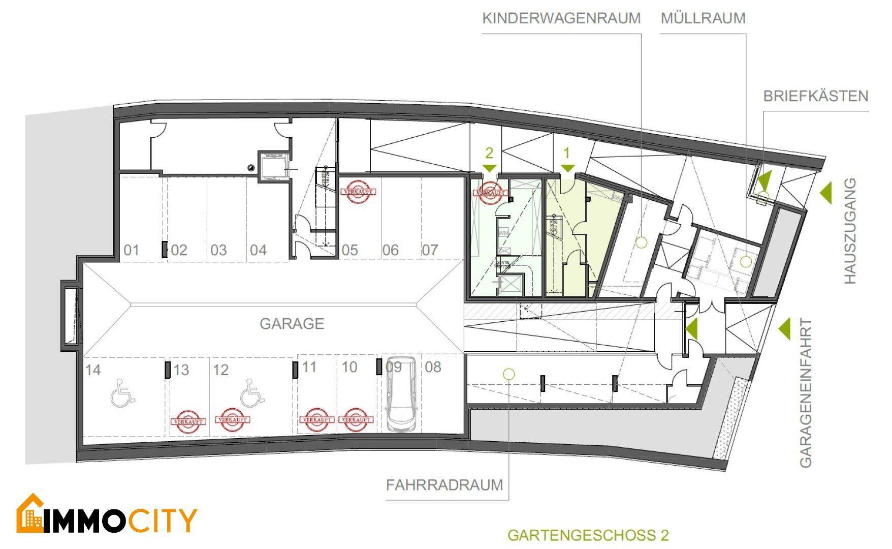 Grundriss des Garagengeschosses mit zahlreichen Stellplätzen, Fahrradraum und Müllraum.