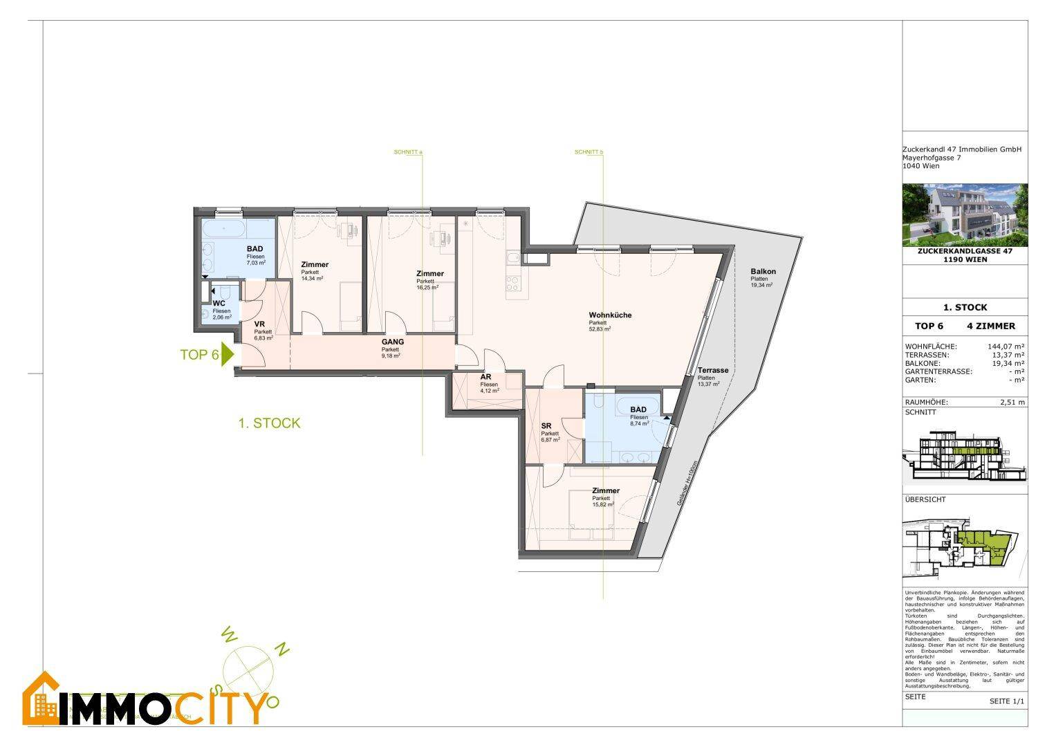 Grundriss der Wohnung im 1. Stock mit Wohnküche, drei Zimmern, zwei Bädern und Terrasse.