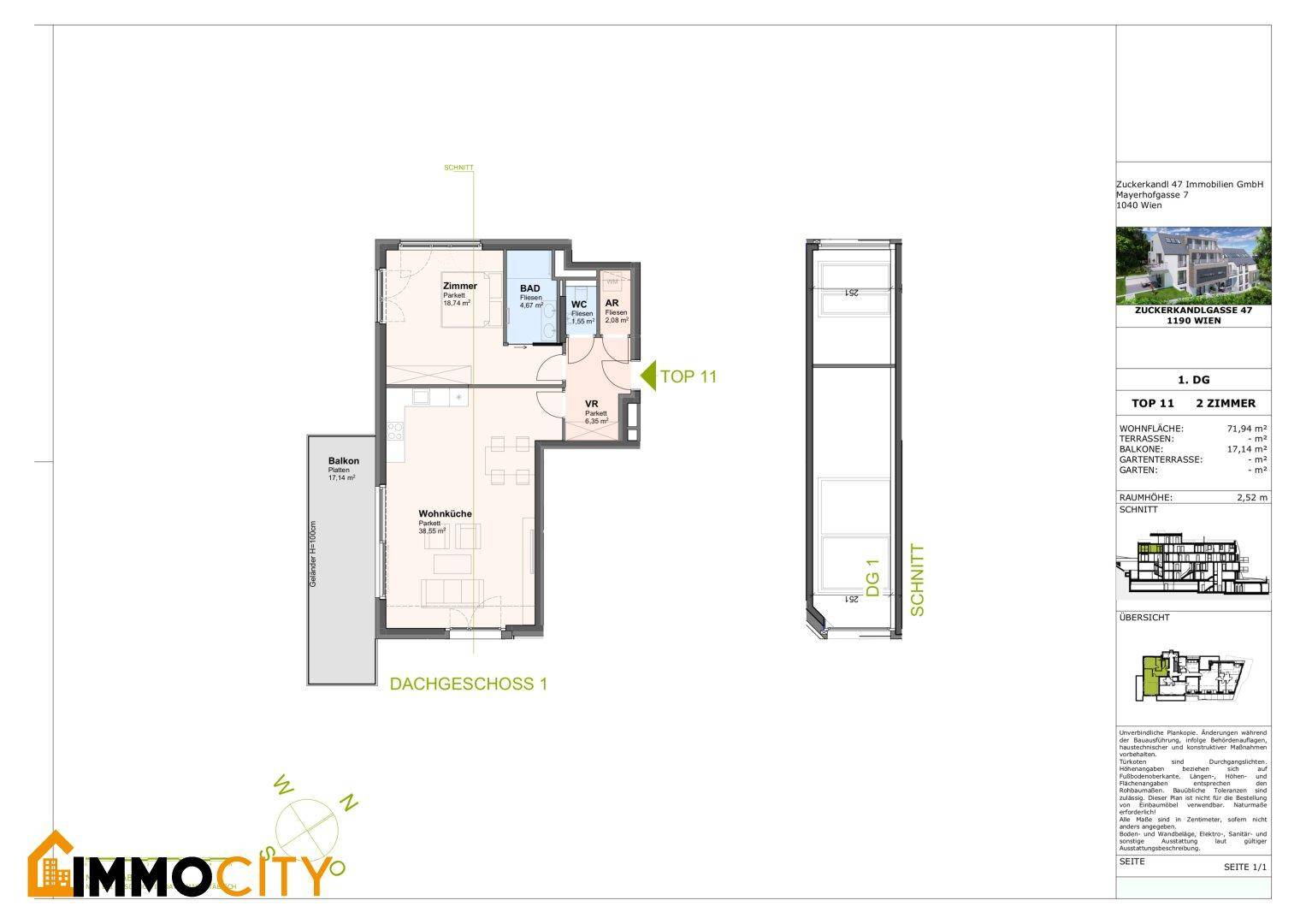 Grundriss einer Dachgeschosswohnung mit offenem Wohn-Kochbereich, Schlafzimmer, Bad, separatem WC und Balkon.