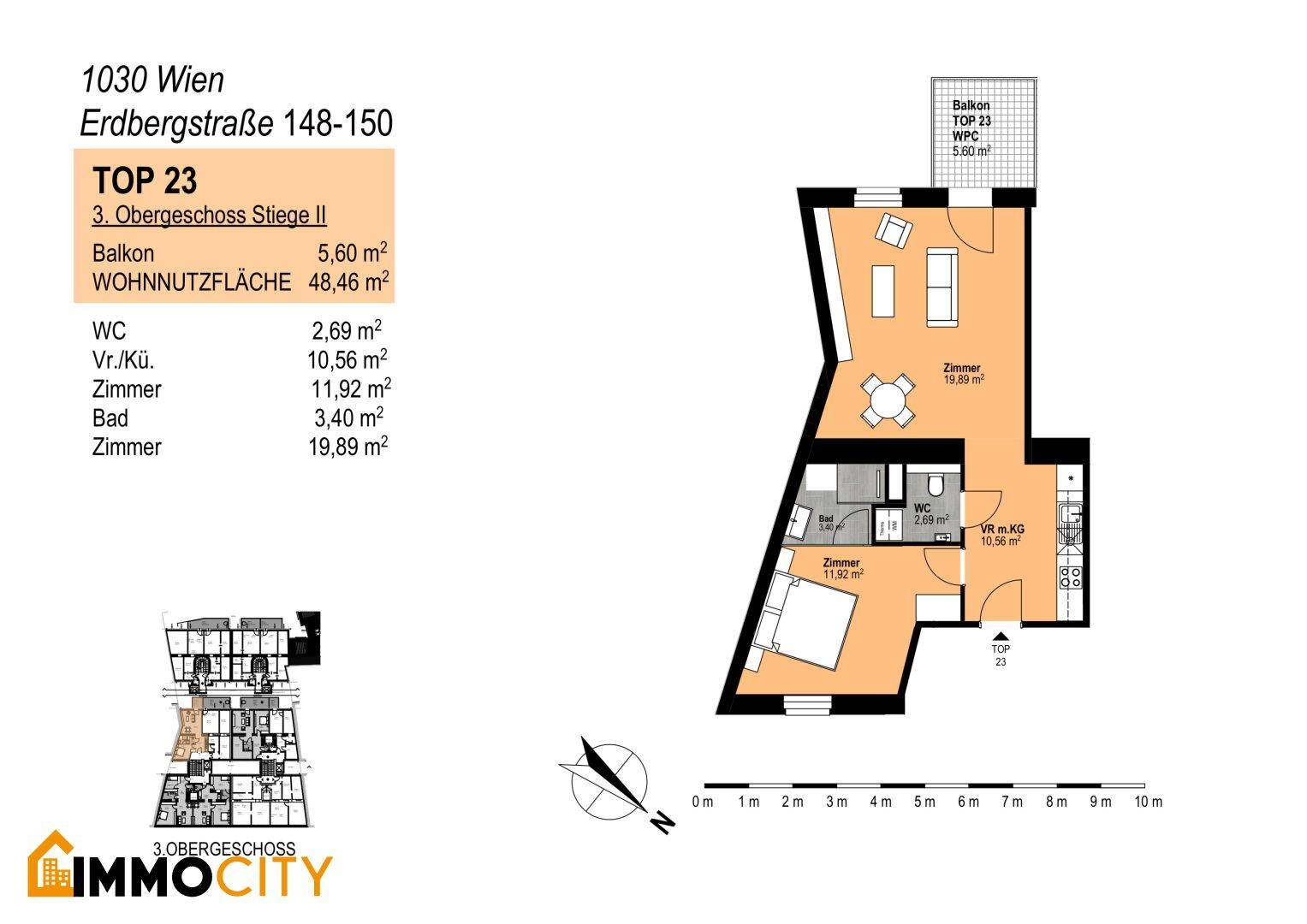 Detaillierter Grundriss der Wohnung Top 23 mit Raumaufteilung und Flächenangaben.