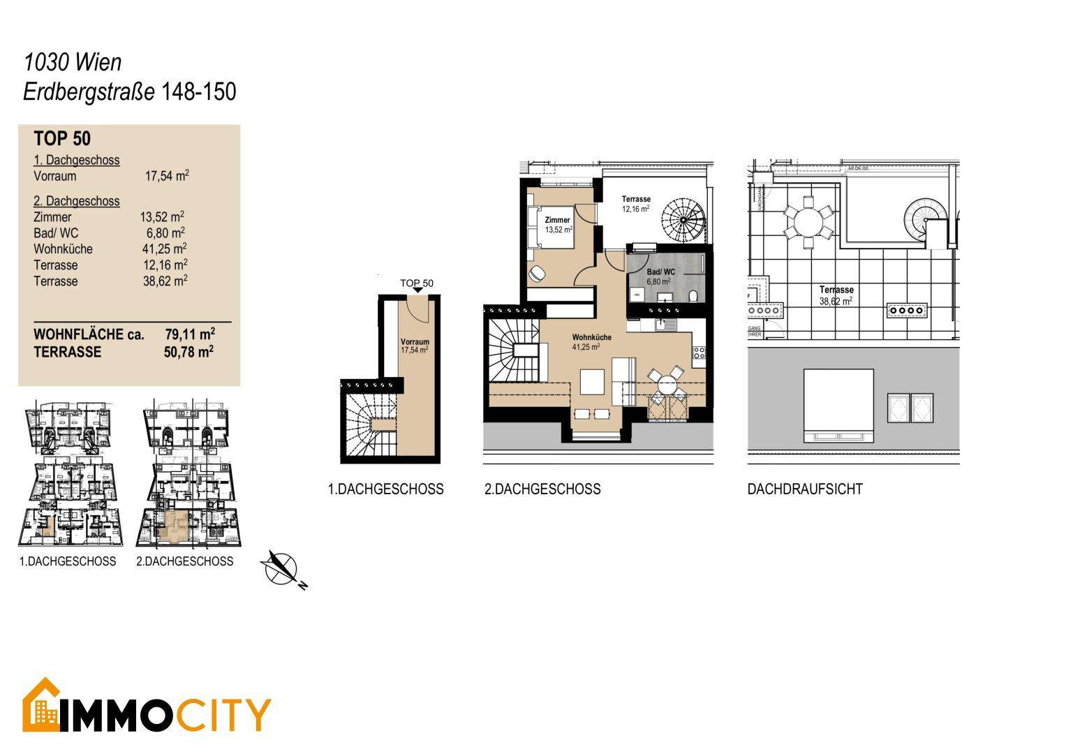 Grundriss eines zweistöckigen Penthouses mit offener Wohnküche und mehreren Terrassen.