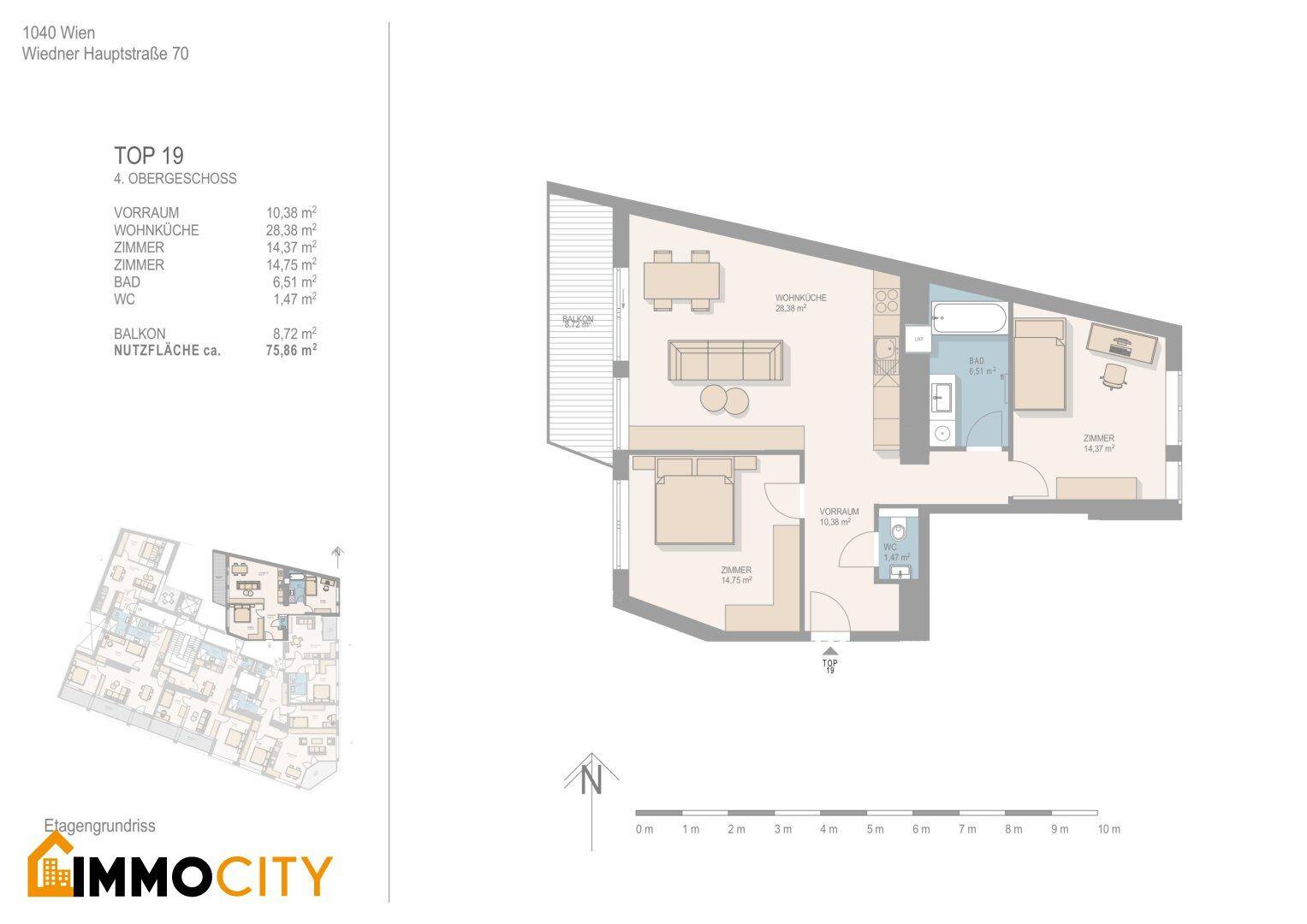 Grundriss der Dachgeschosswohnung TOP 19 mit Balkon und offener Wohnküche.
