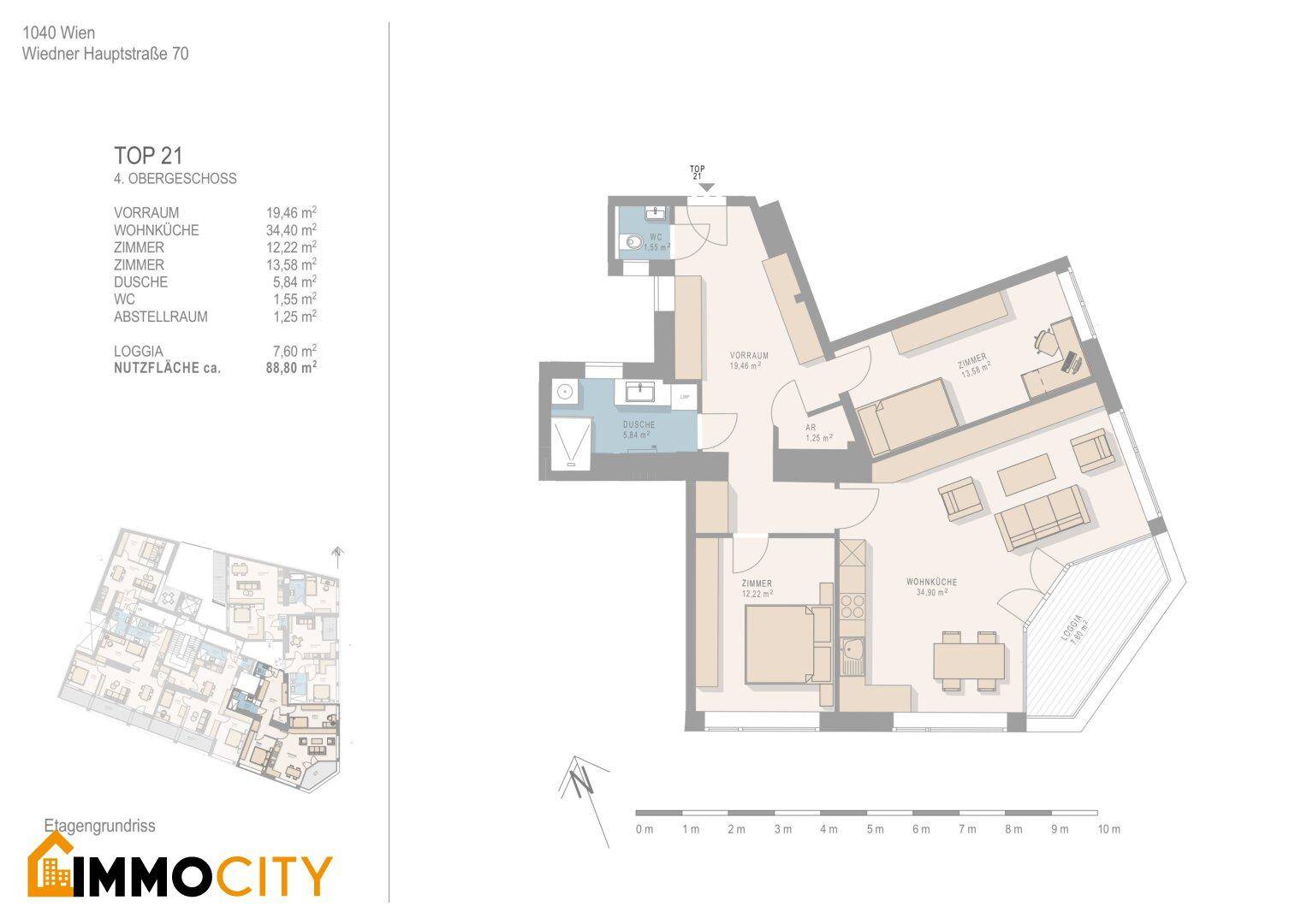Grundriss der Wohnung TOP 21 im 4. Obergeschoss mit Loggia und separatem WC.