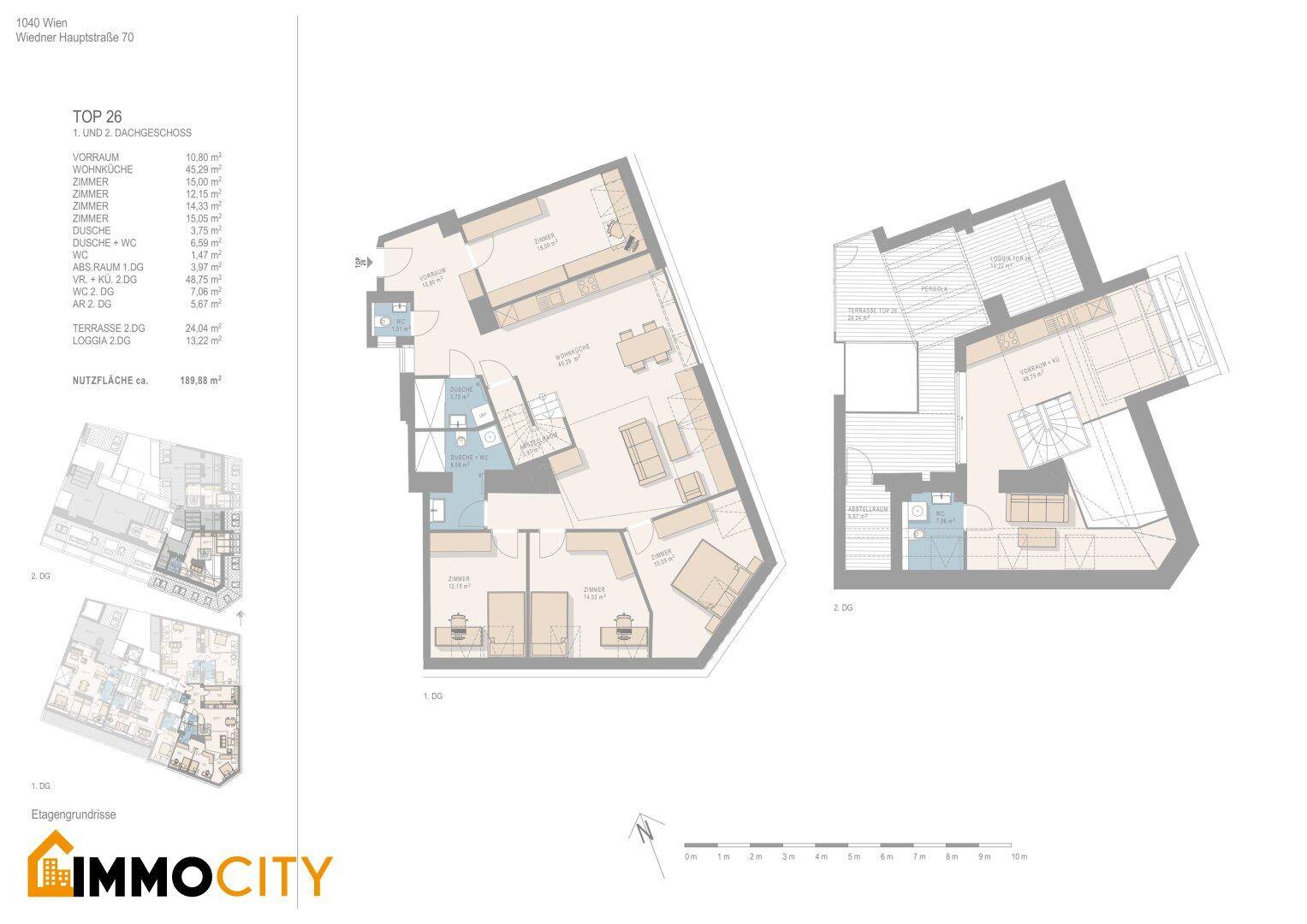 Detaillierter Grundriss einer Maisonette-Wohnung mit mehreren Zimmern, Terrasse und Loggia.