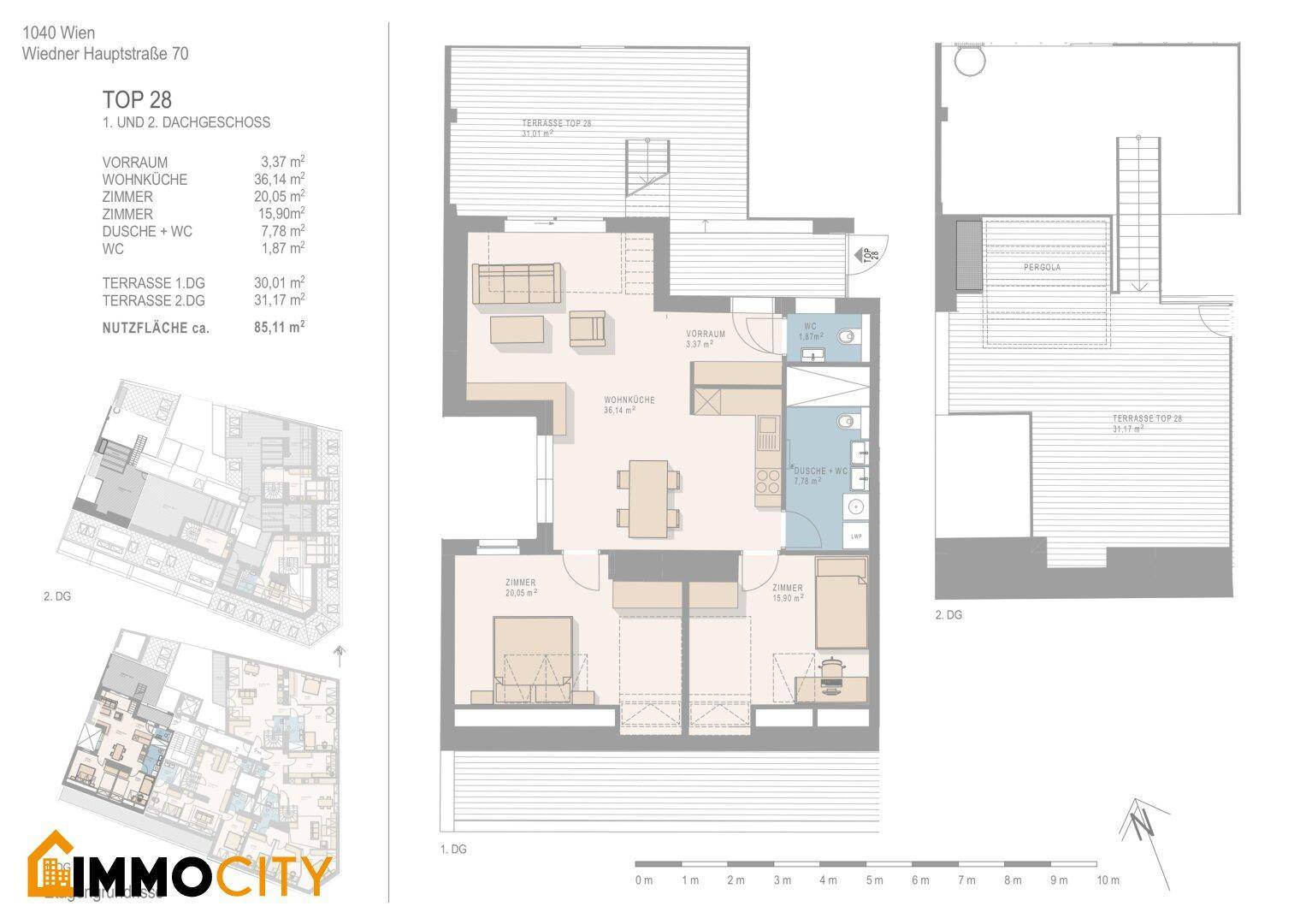 Detaillierter Grundriss einer Maisonette-Wohnung mit zwei Ebenen, Terrasse und Pergola.