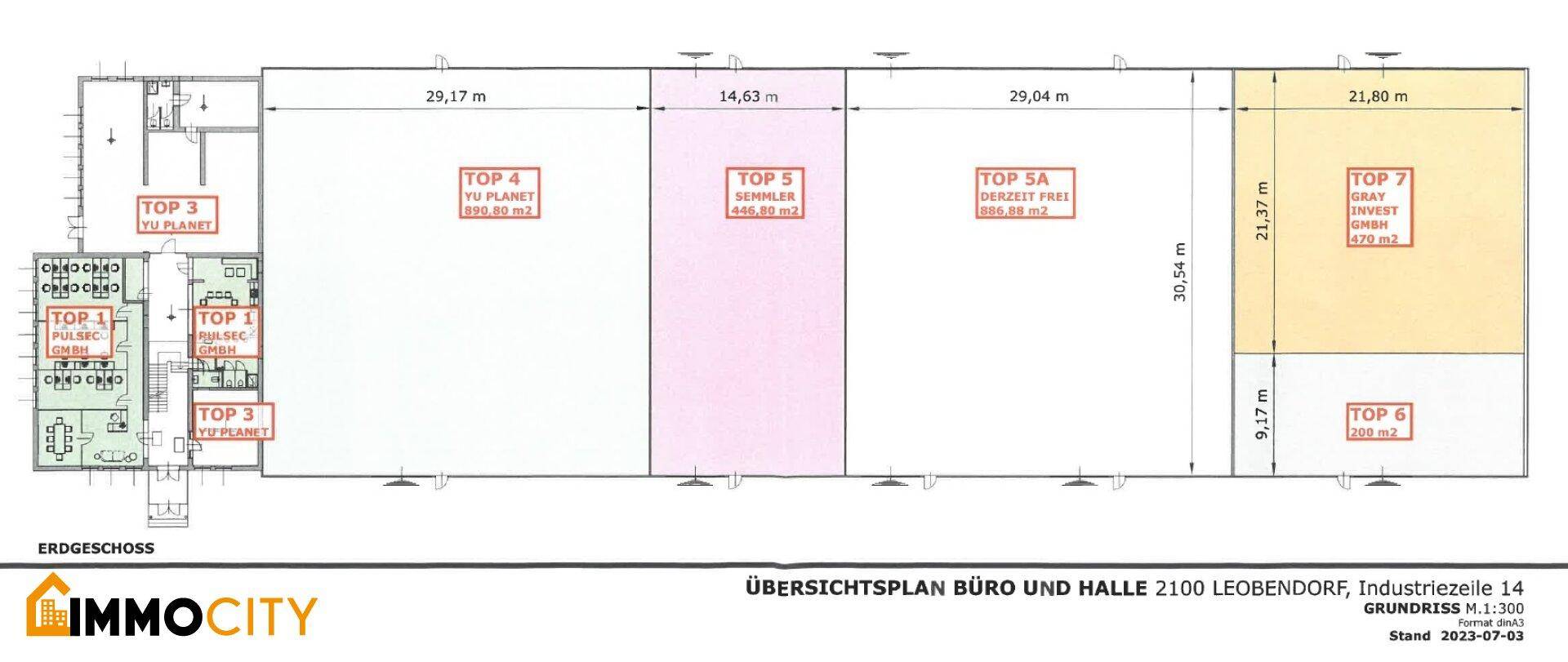 Übersichtsplan für Büro- und Hallenflächen mit verschiedenen Einheiten und deren Abmessungen.