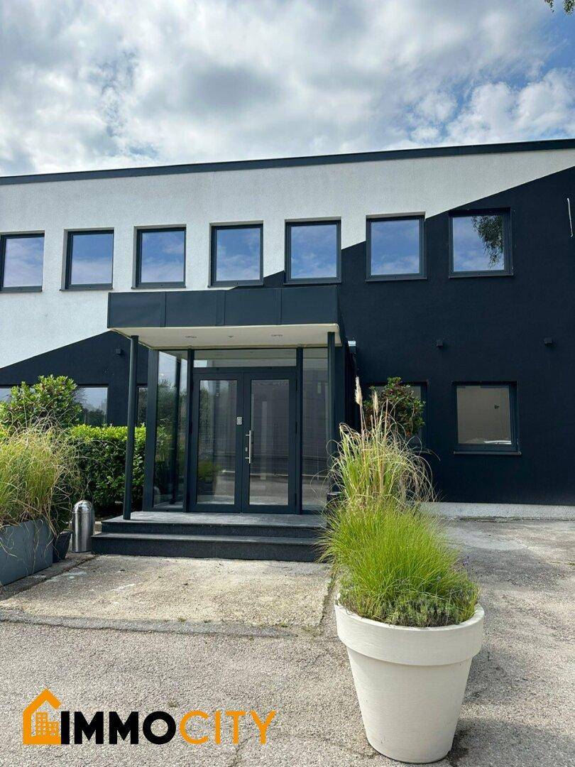 Moderner Eingangsbereich des Bürogebäudes mit großen Glasfenstern und dekorativen Pflanzen in Töpfen.
