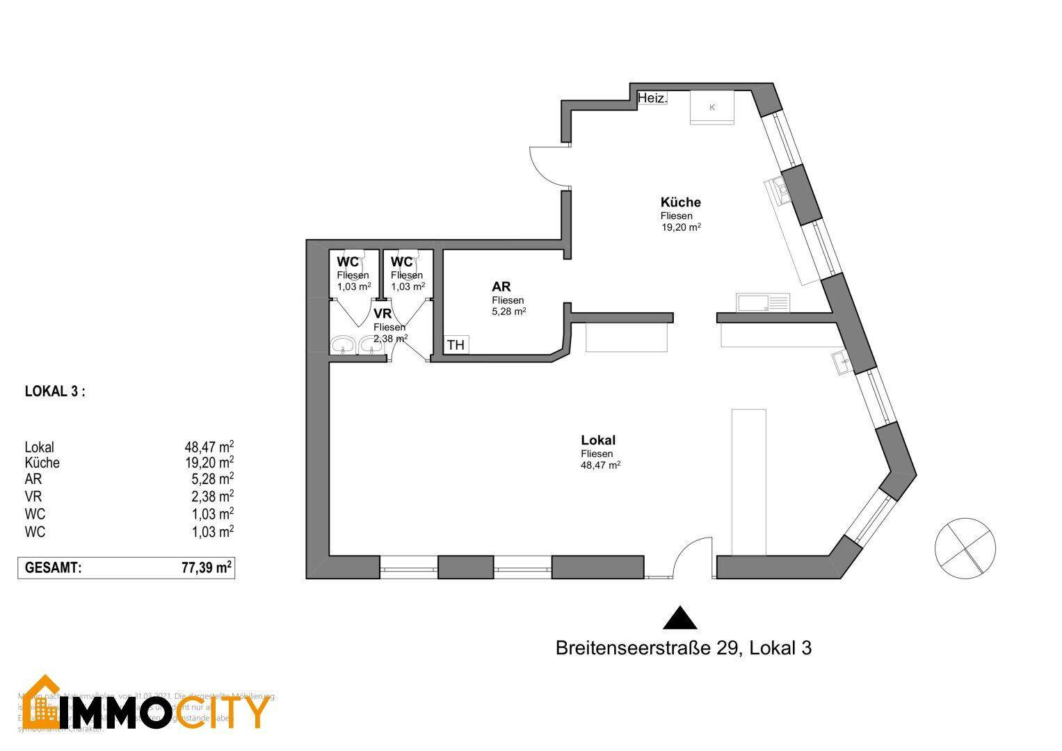 Grundriss eines Lokals mit einer Gesamtfläche von 77,39 m², aufgeteilt in zwei Hauptbereiche, Küche und Toiletten.