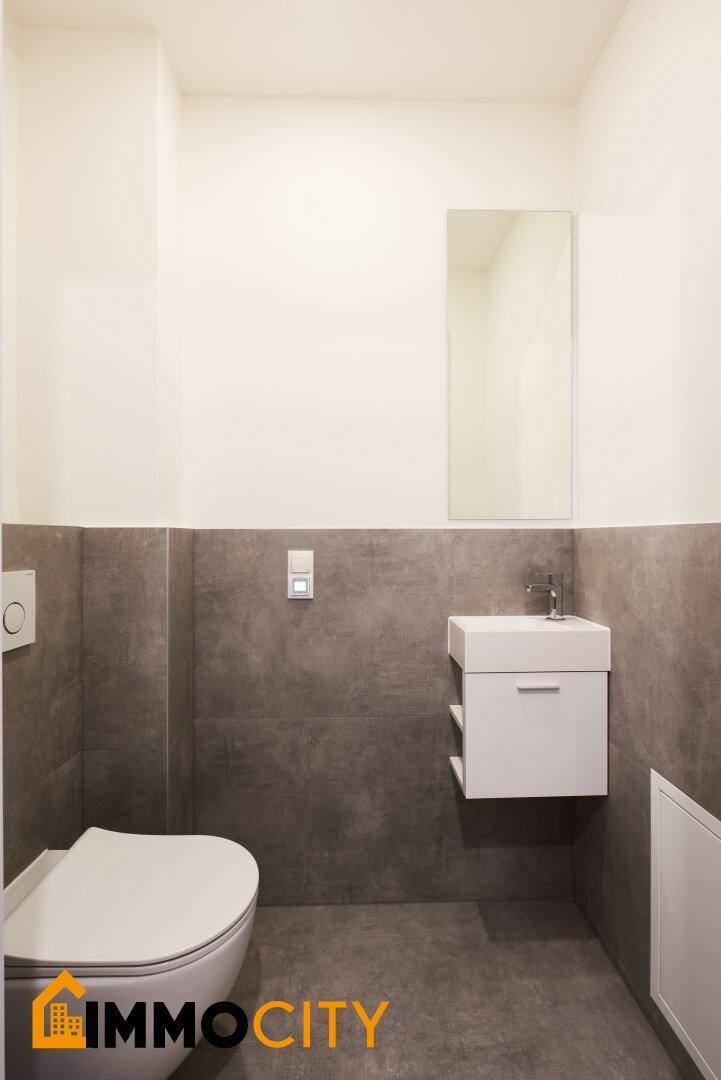 Modernes Gäste-WC mit Wand-WC, kleinem Waschbecken und stilvollen grauen Fliesen.