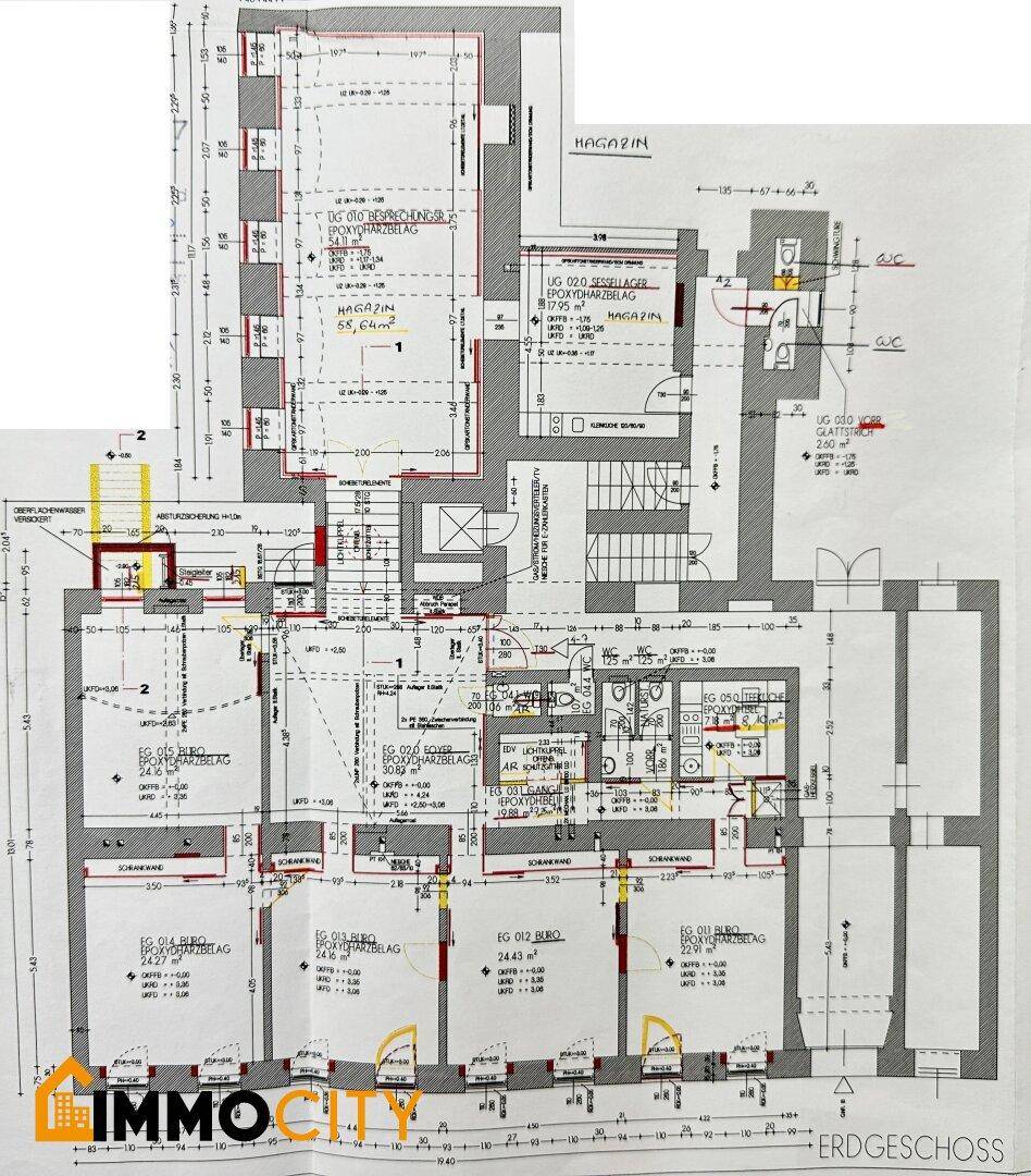 Detaillierter Grundriss des Erdgeschosses und Untergeschosses mit Büros und Magazinflächen.