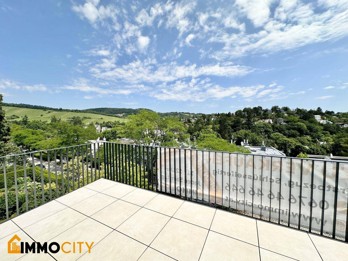 Weitläufige Terrasse mit moderner Brüstung und Panoramablick auf die umliegende Natur.