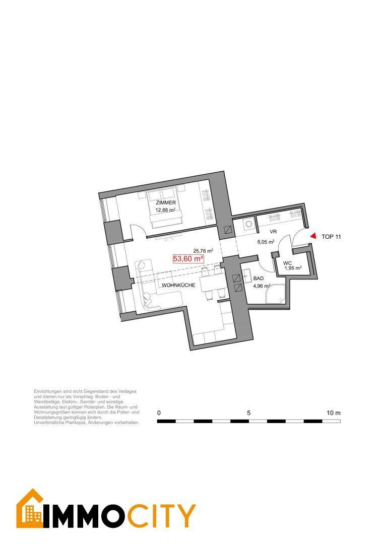 Detaillierter Grundriss der Wohnung mit Wohnküche, Zimmer, Bad und separatem WC.