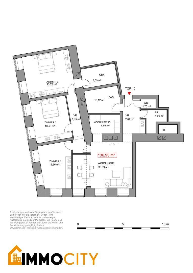 Übersichtlicher Grundriss einer modernen Wohnung mit drei Schlafzimmern, zwei Bädern und offener Wohnküche.
