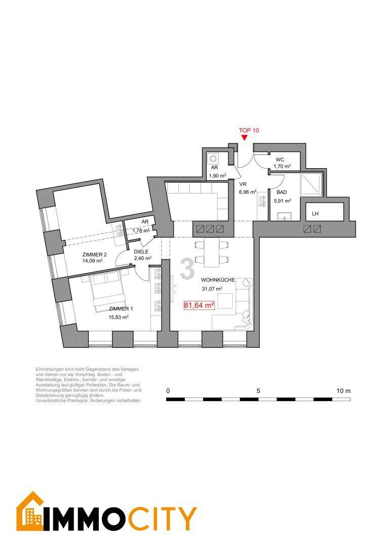 Detaillierter Grundriss einer Wohnung mit offener Wohnküche, zwei Schlafzimmern, Bad und separatem WC.