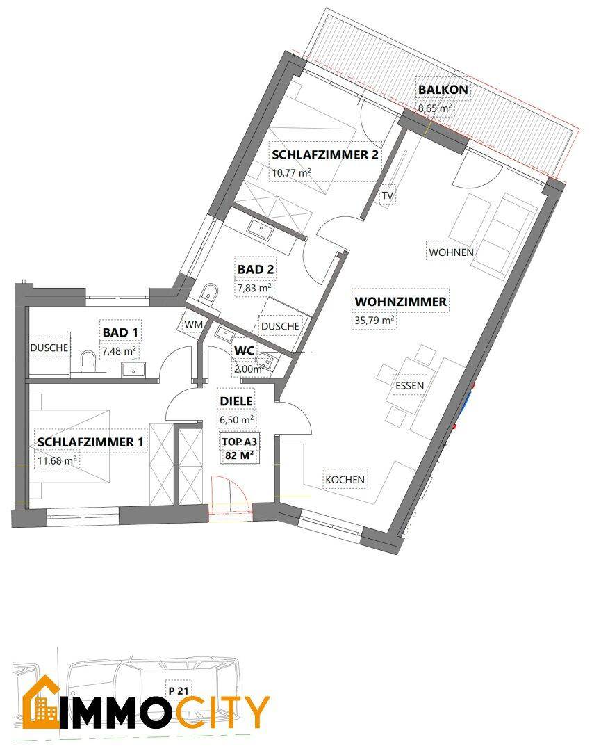 Grundriss einer Wohnung mit zwei Schlafzimmern, zwei Bädern und einem Balkon.