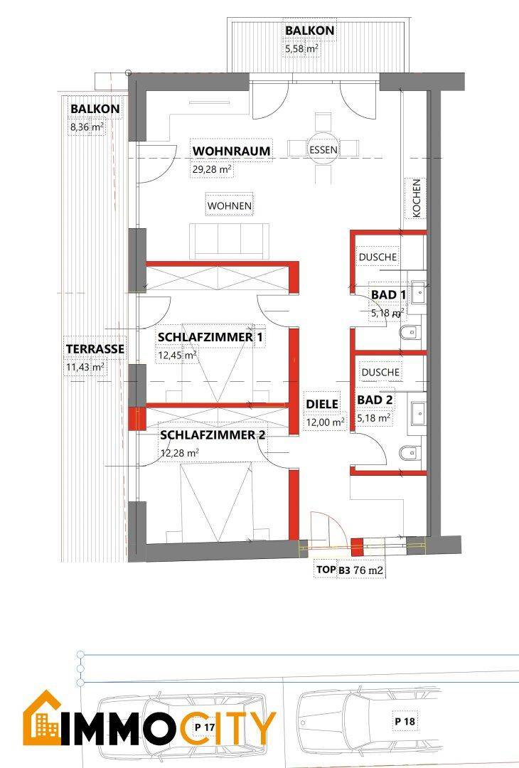 Detaillierter Grundriss mit Wohnraum, Schlafzimmern, Bädern und Außenbereichen.