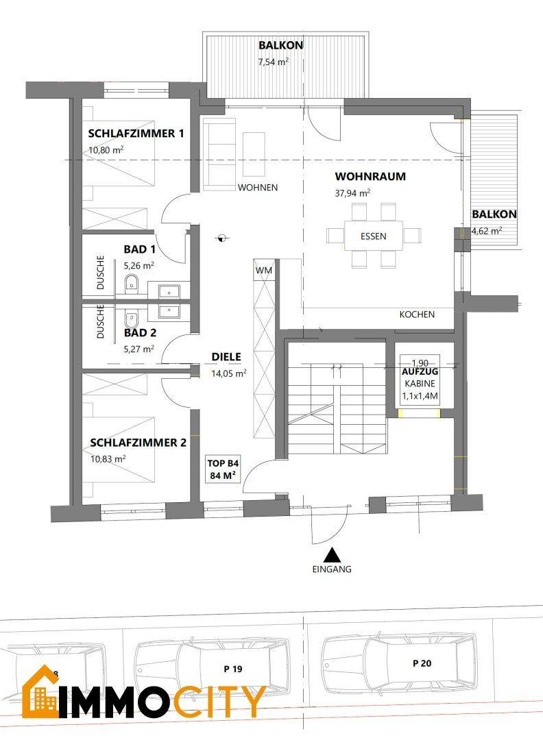 Grundriss einer 84 m² Wohnung mit zwei Schlafzimmern, zwei Bädern und Balkonen.