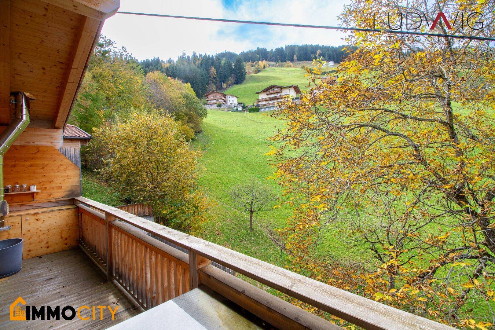 Holzbalkon mit Blick auf die grüne Hügellandschaft und weitere Häuser.