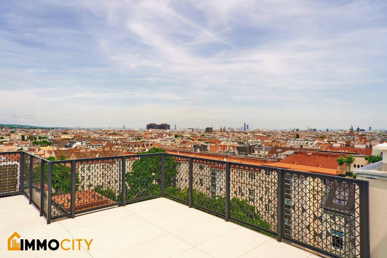 Große Dachterrasse mit modernem Geländer und weitem Blick über die Dächer der Stadt.