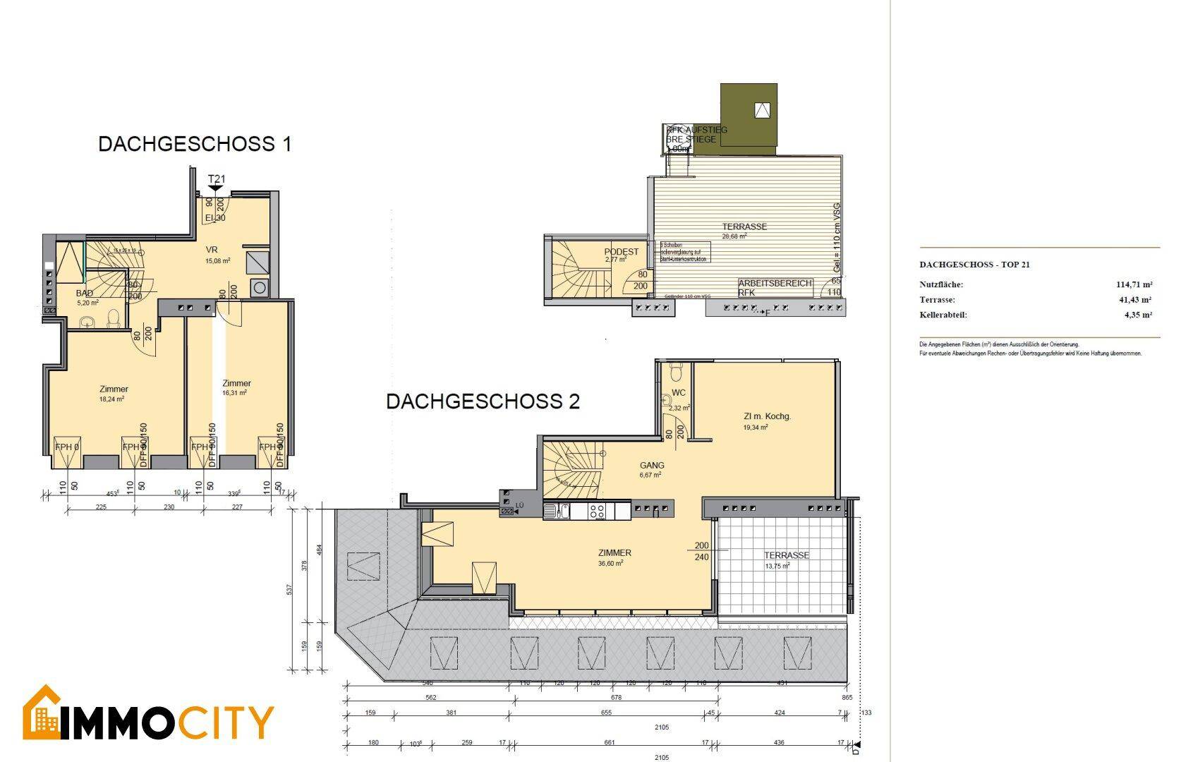 Grundrisspläne für zwei Dachgeschosse mit Zimmern, Bädern und Terrassenflächen.
