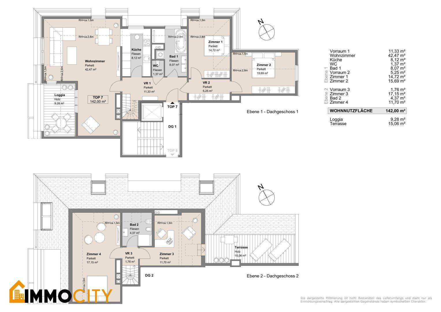 Grundrissplan einer Maisonette-Wohnung über zwei Dachgeschossebenen mit Loggia und Terrasse.