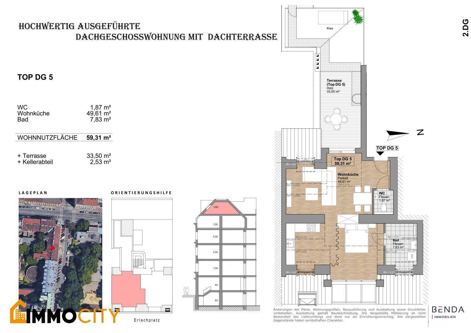 Detaillierter Grundriss einer Dachgeschosswohnung mit Dachterrasse, Lageplan und Schnittansicht.