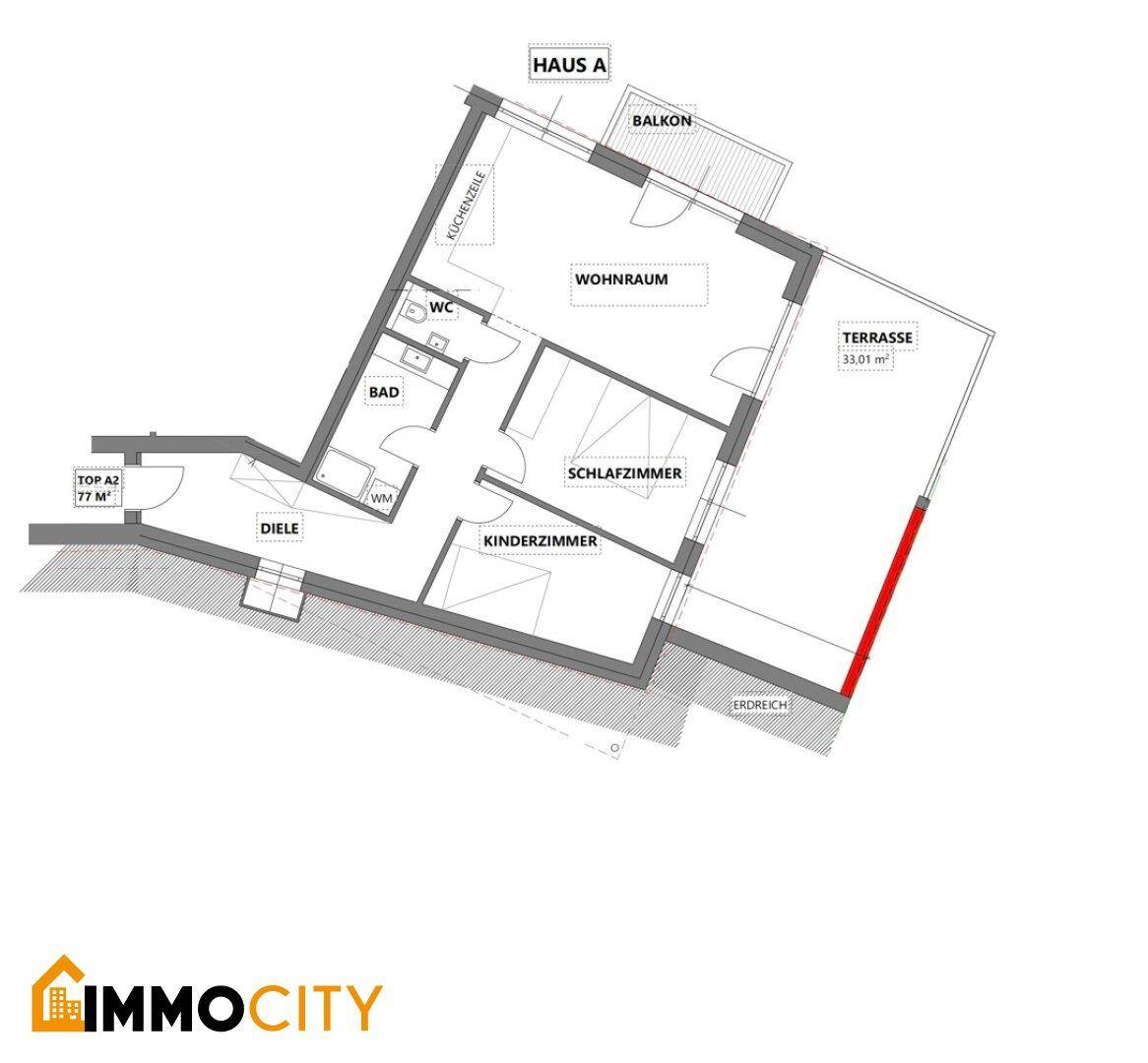 Grundriss von Haus A mit Wohnraum, Schlafzimmer, Kinderzimmer, Bad, WC, Balkon und Terrasse.