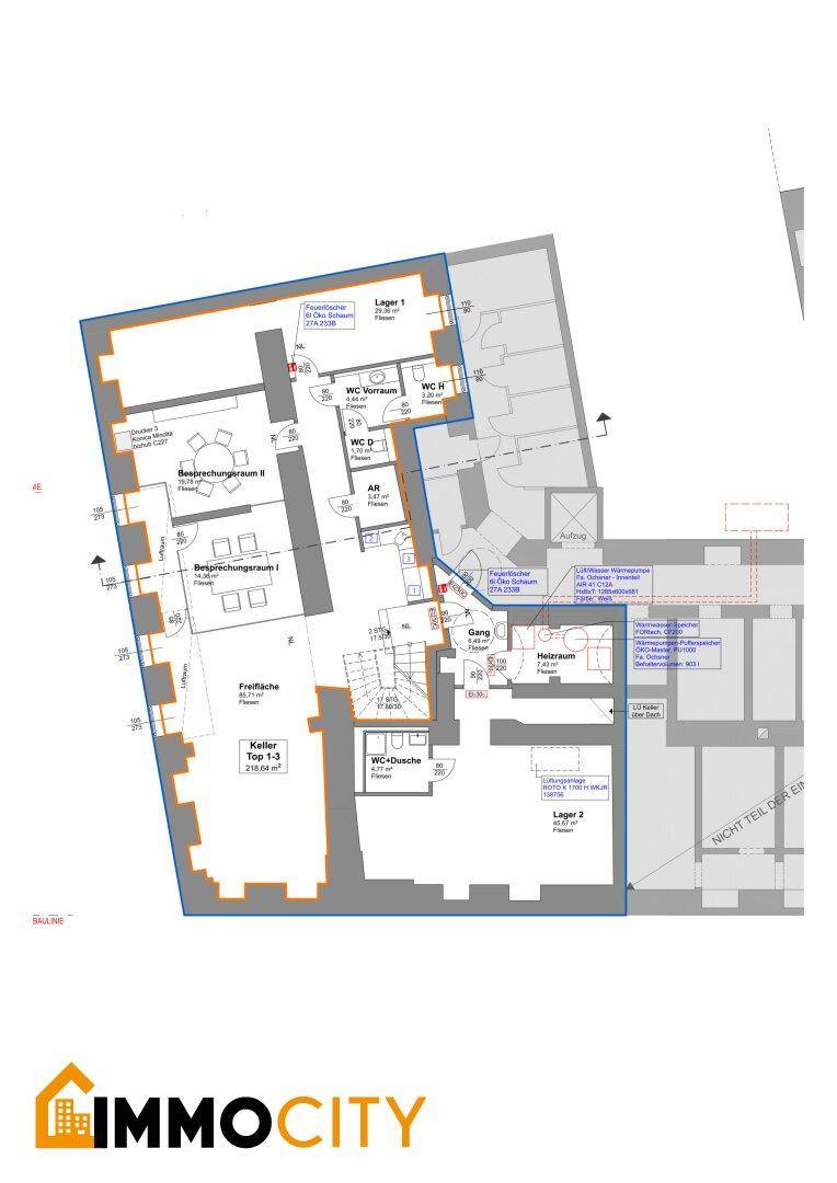 Grundriss des Kellergeschosses mit Lagerflächen, Technikräumen und weiteren Nutzflächen, inklusive Aufzug.