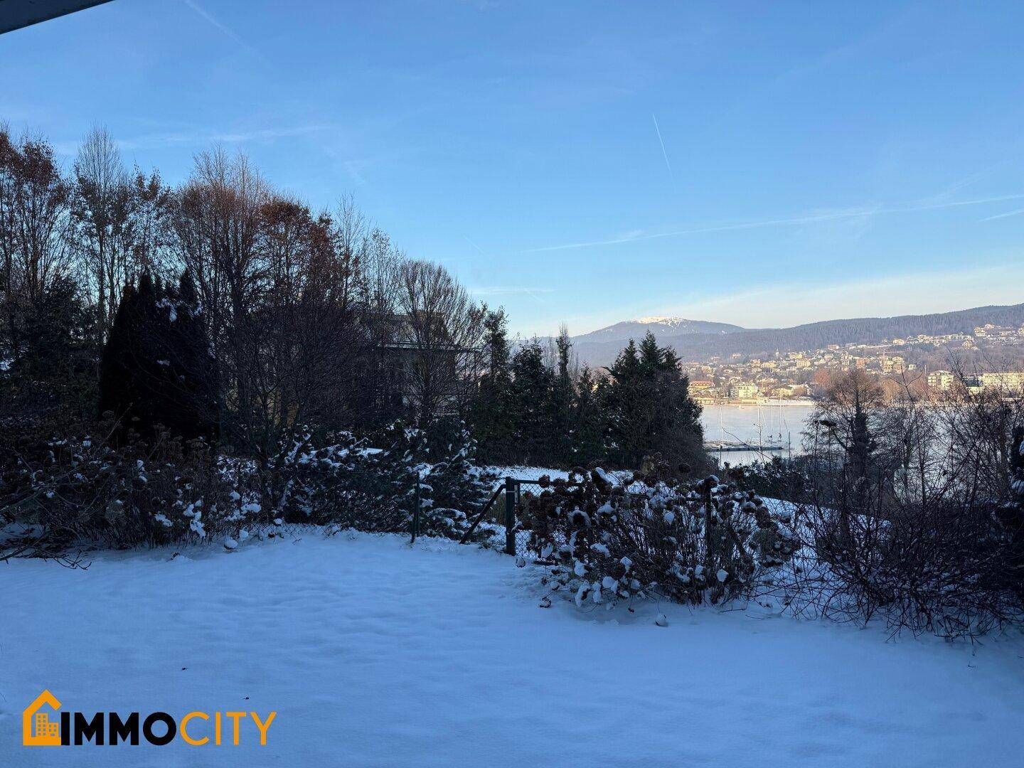 Ruhiger Wintertag mit schneebedeckten Bäumen und Sträuchern, See- und Bergblick in der Ferne.