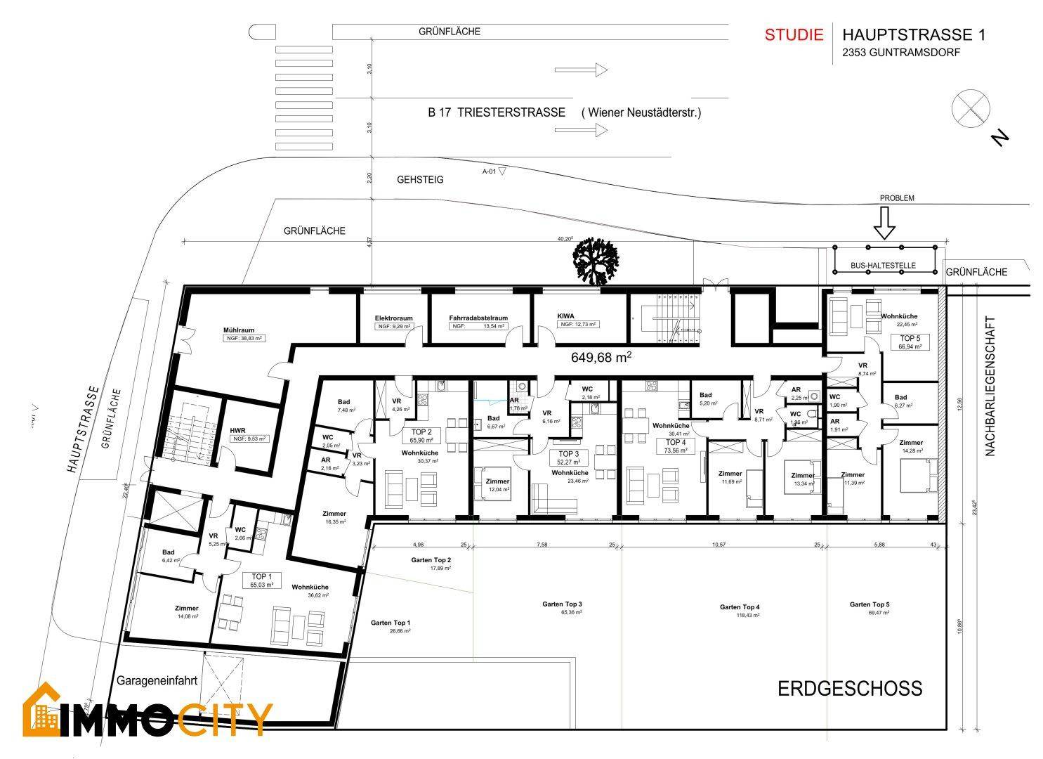 Grundriss des Erdgeschosses mit verschiedenen Wohneinheiten, Gärten und Tiefgaragenzufahrt.