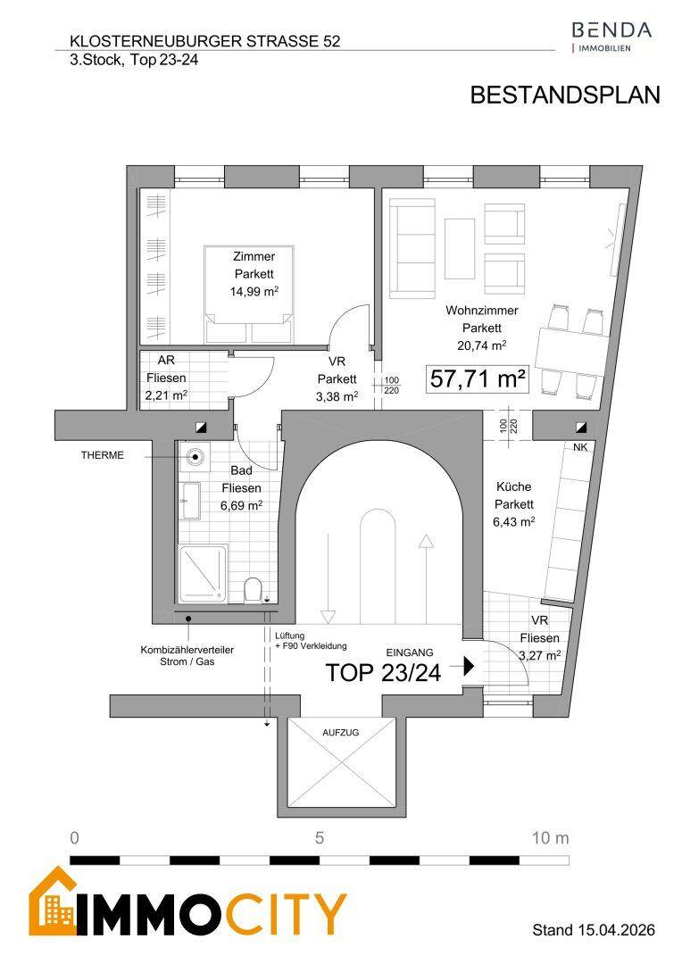 Grundrissplan einer Wohnung mit einem Schlafzimmer, Wohnzimmer, separater Küche und Bad, inklusive Aufzugzugang.