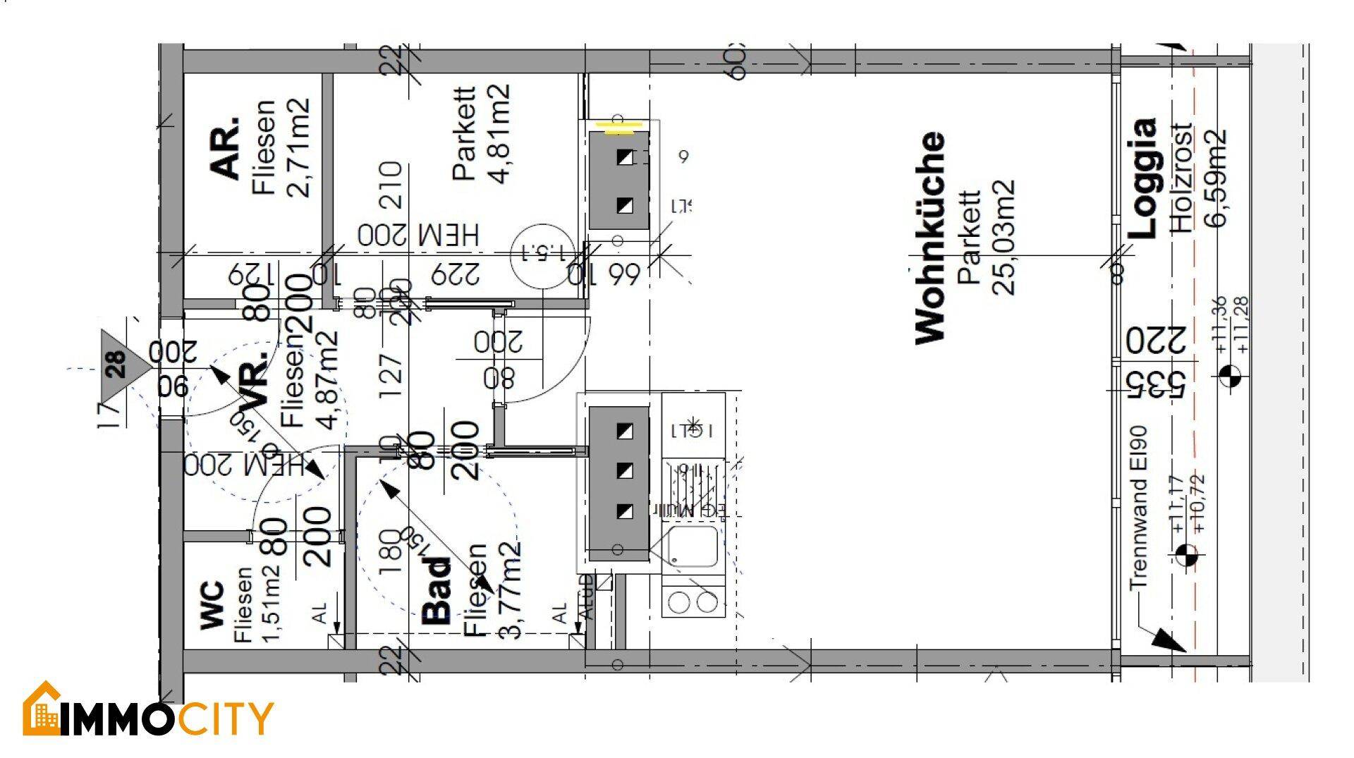 Grundriss einer Wohnung mit Wohnküche, Bad, WC und Loggia.