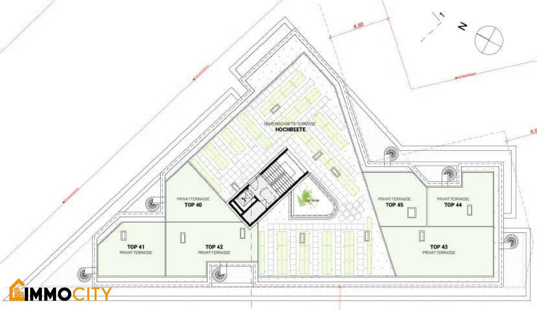 Grundriss der Dachterrasse mit Hochbeeten, privaten Außenbereichen und Treppenzugang.