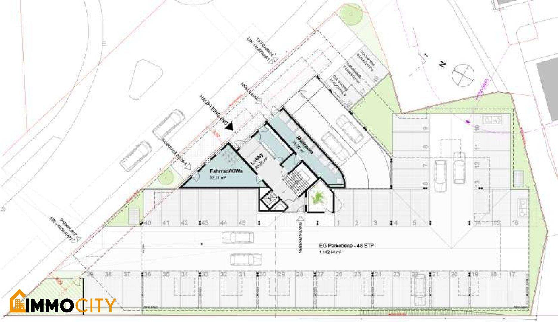 Grundriss des Erdgeschosses mit Parkplätzen, Lobby, Müllraum und Fahrradabstellplätzen.