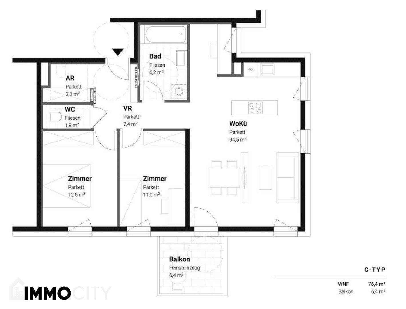 Grundriss einer 2-Zimmer-Wohnung (Typ C) mit Balkon, Wohnküche, Bad und separatem WC.