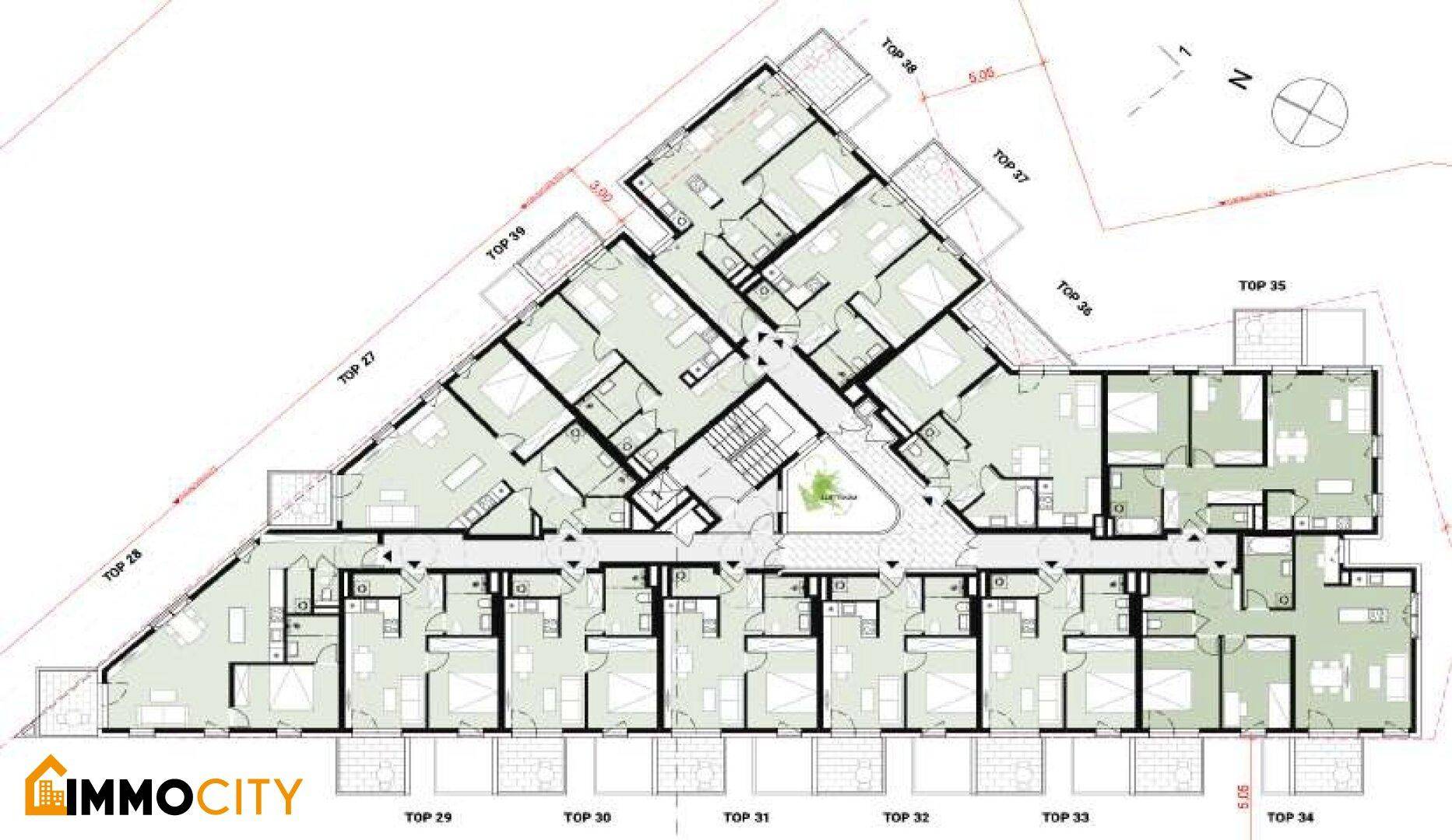 Grundriss des dritten Obergeschosses mit zahlreichen Wohneinheiten, Balkonen und moderner Gestaltung.