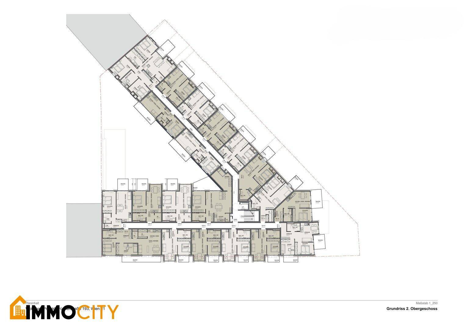 Grundriss des zweiten Obergeschosses mit verschiedenen Apartmentlayouts und Balkonzugängen.