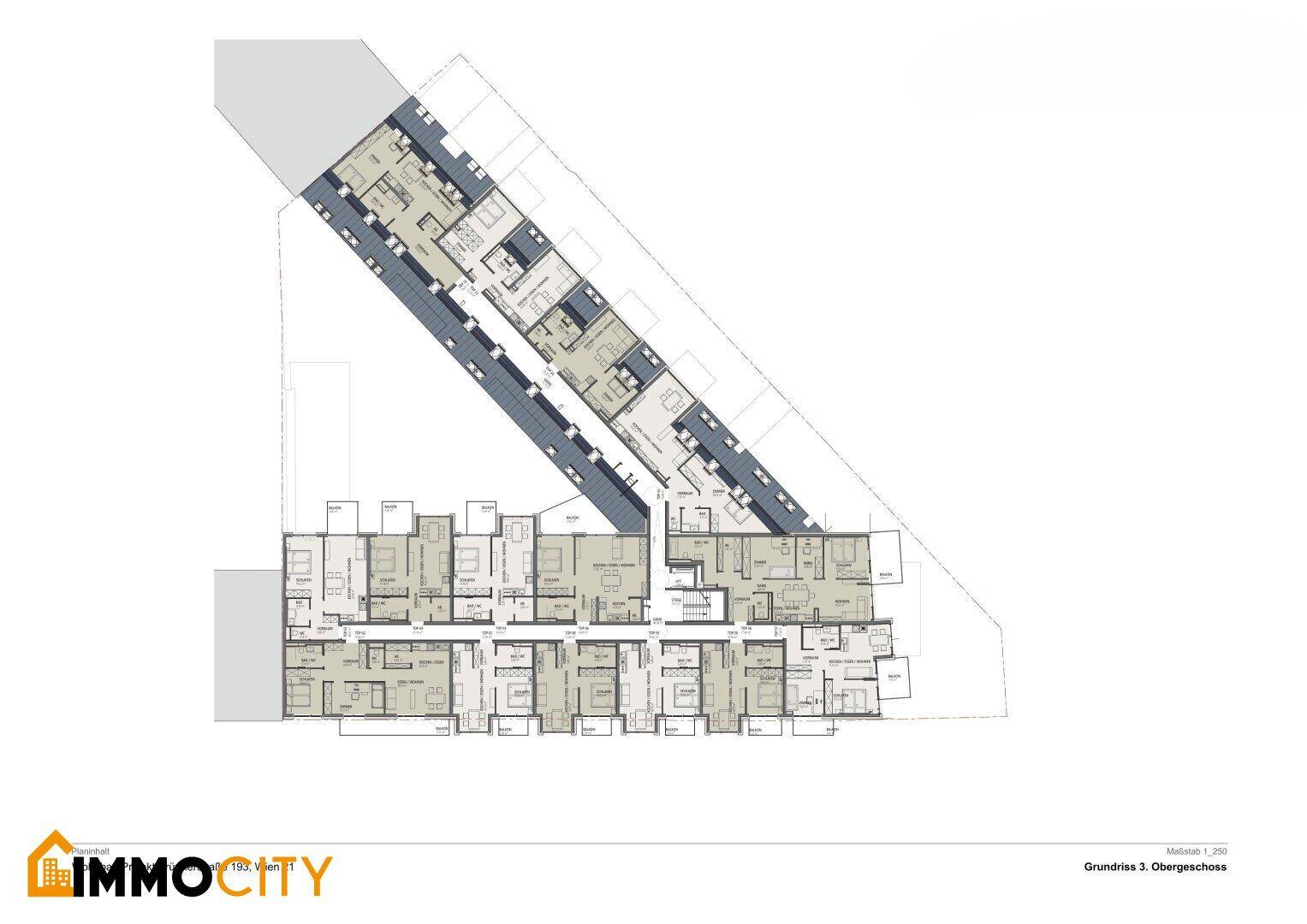 Grundriss des dritten Obergeschosses mit effizienten Apartmentgrundrissen und Balkonen.