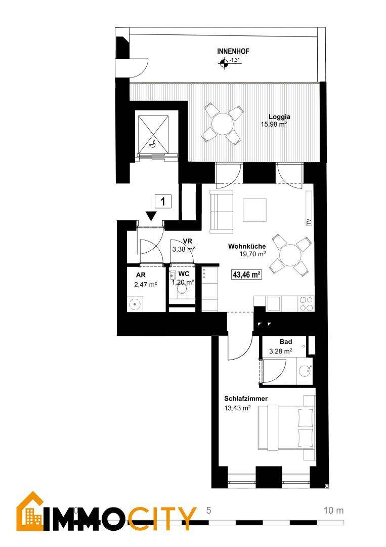 Grundriss einer Wohnung mit Wohnküche, Schlafzimmer, Bad, WC und Loggia.