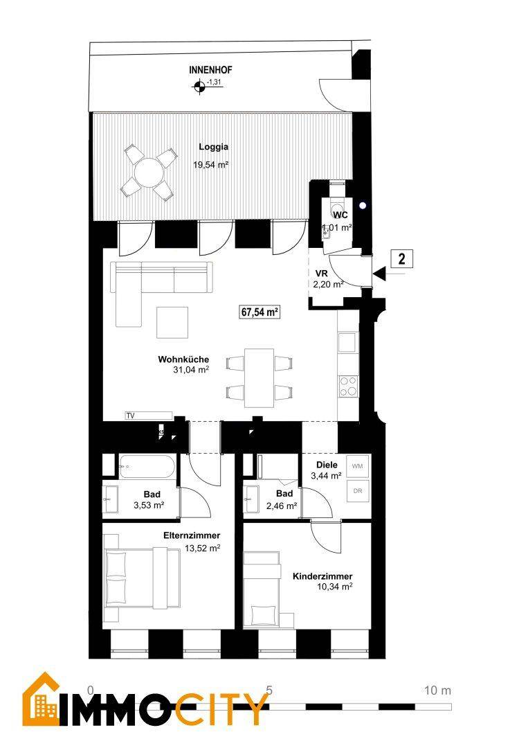 Grundriss einer Wohnung mit Wohnküche, zwei Bädern, zwei Schlafzimmern und Loggia zum Innenhof.