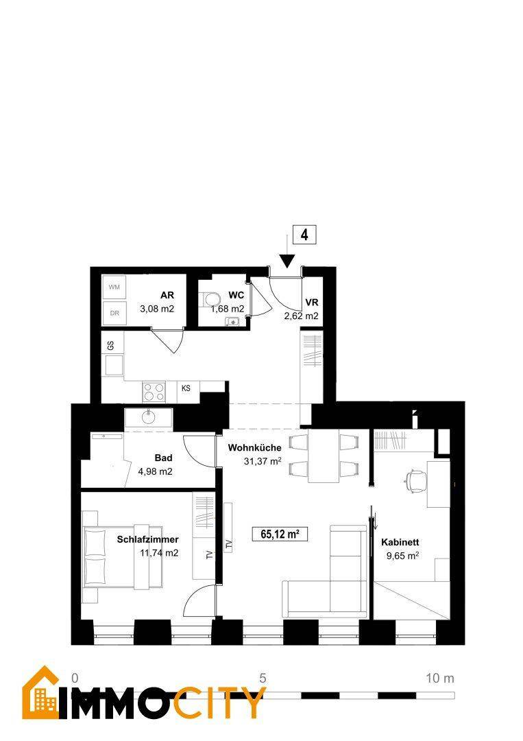 Grundriss einer Wohnung mit offener Wohnküche, Schlafzimmer, Bad und separatem WC.