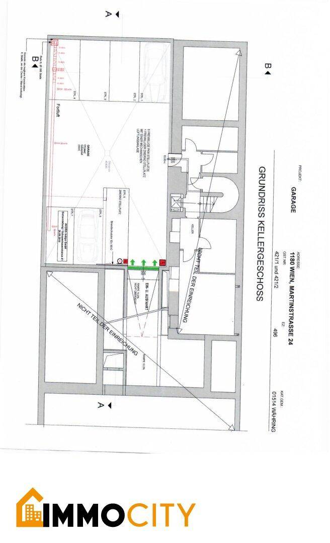 Grundriss des Kellergeschosses mit Tiefgarage und Stellplätzen, aus einer anderen Perspektive.