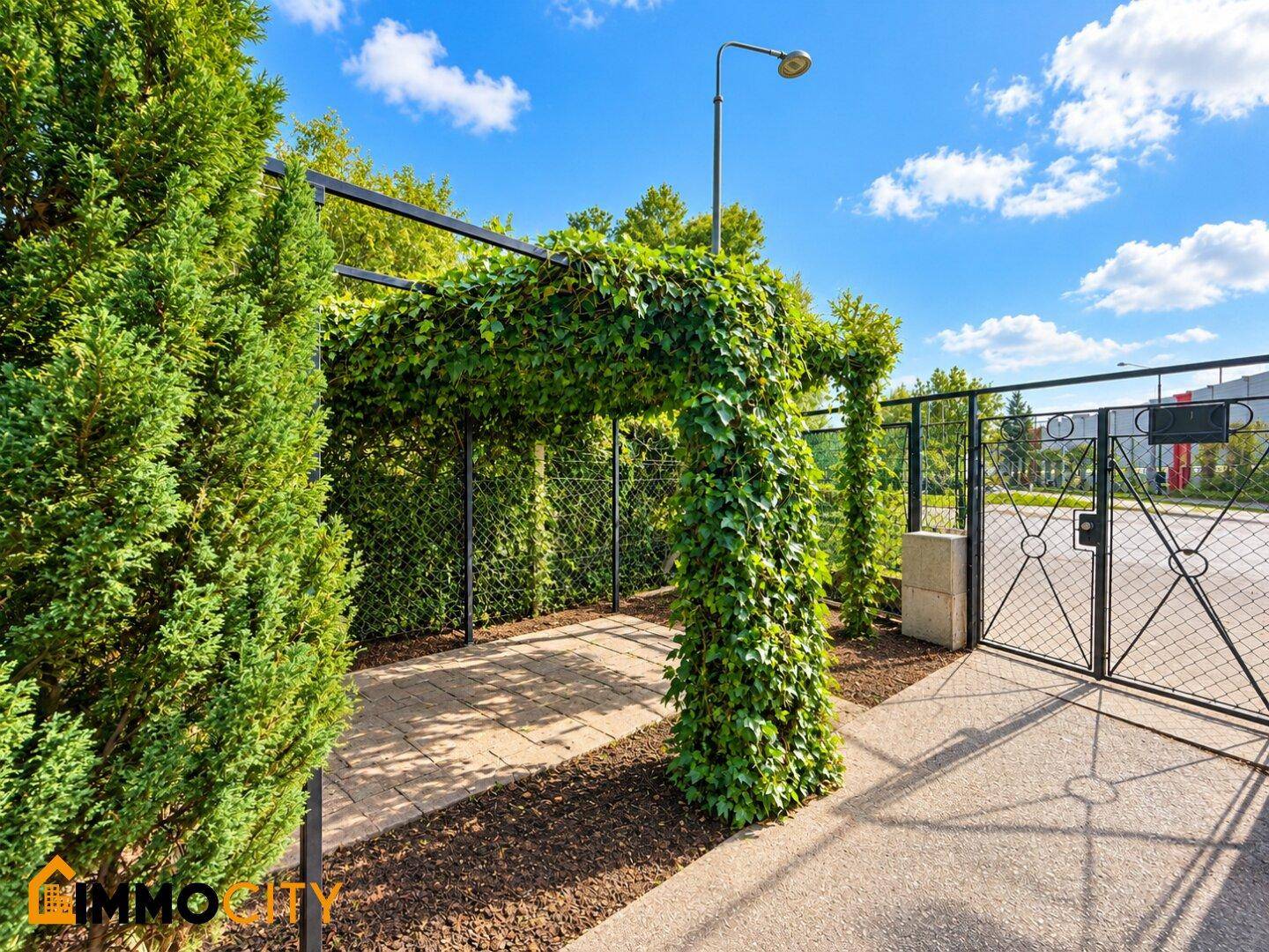 Begrünte Pergola mit Kletterpflanzen und gepflastertem Boden, ideal für Schatten.