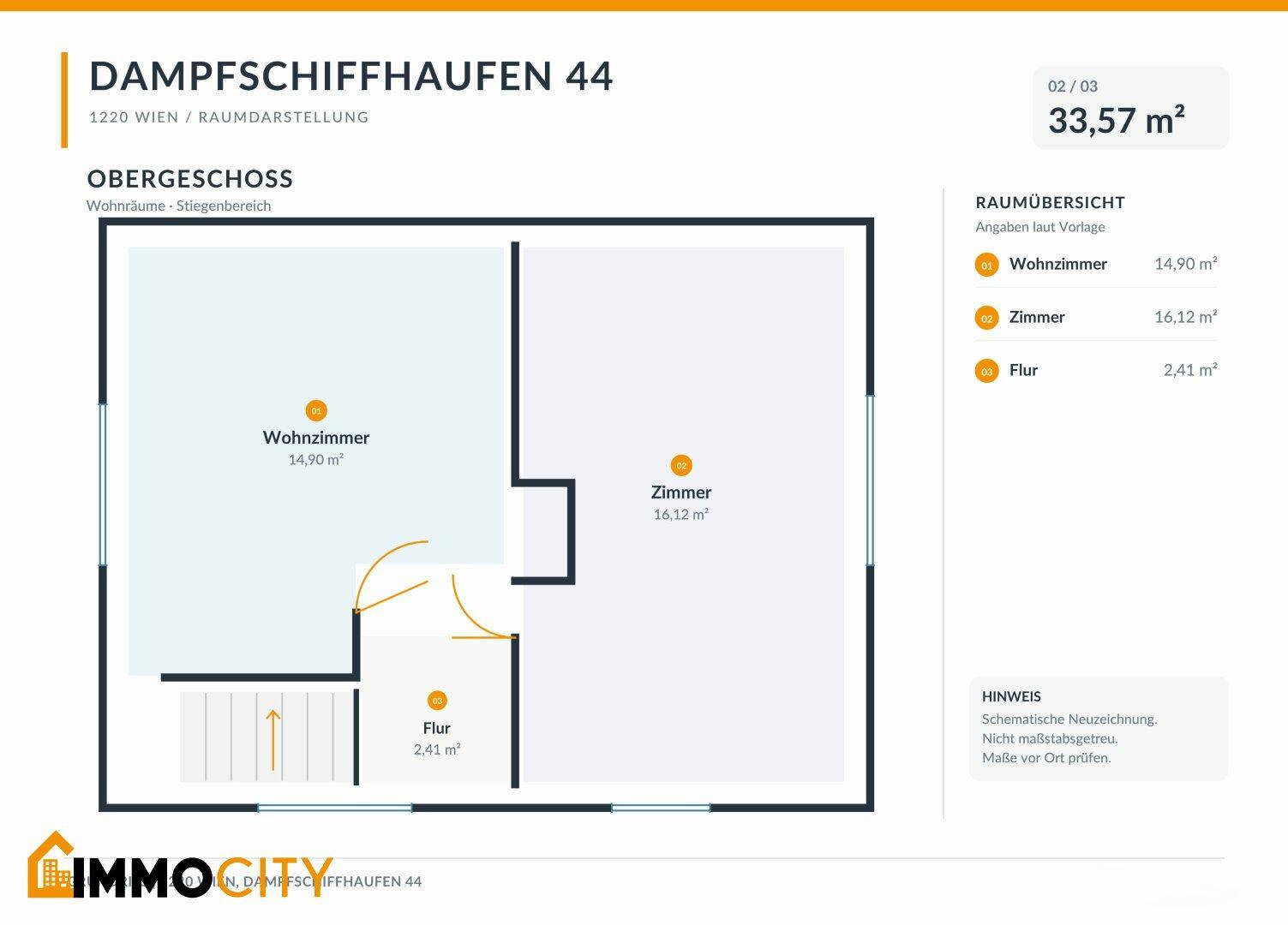 Grundriss des Obergeschosses mit zwei Zimmern und einem Flur, ideal für Schlafbereiche.