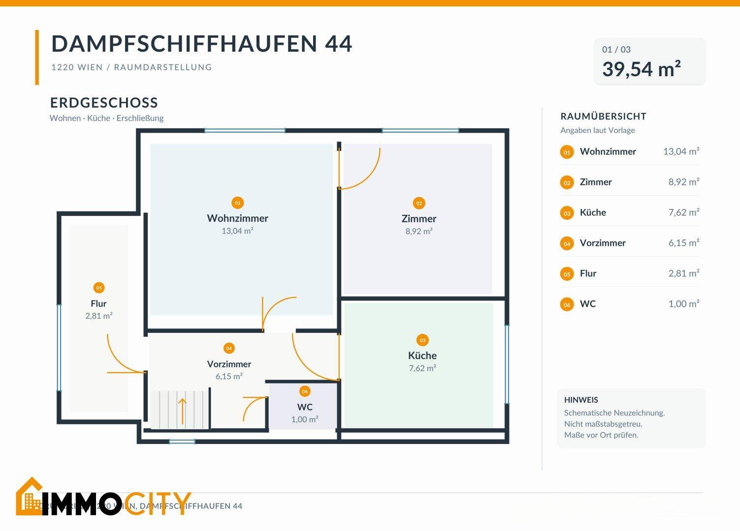 Grundriss des Erdgeschosses mit Wohnzimmer, Küche, Zimmer und separatem WC.