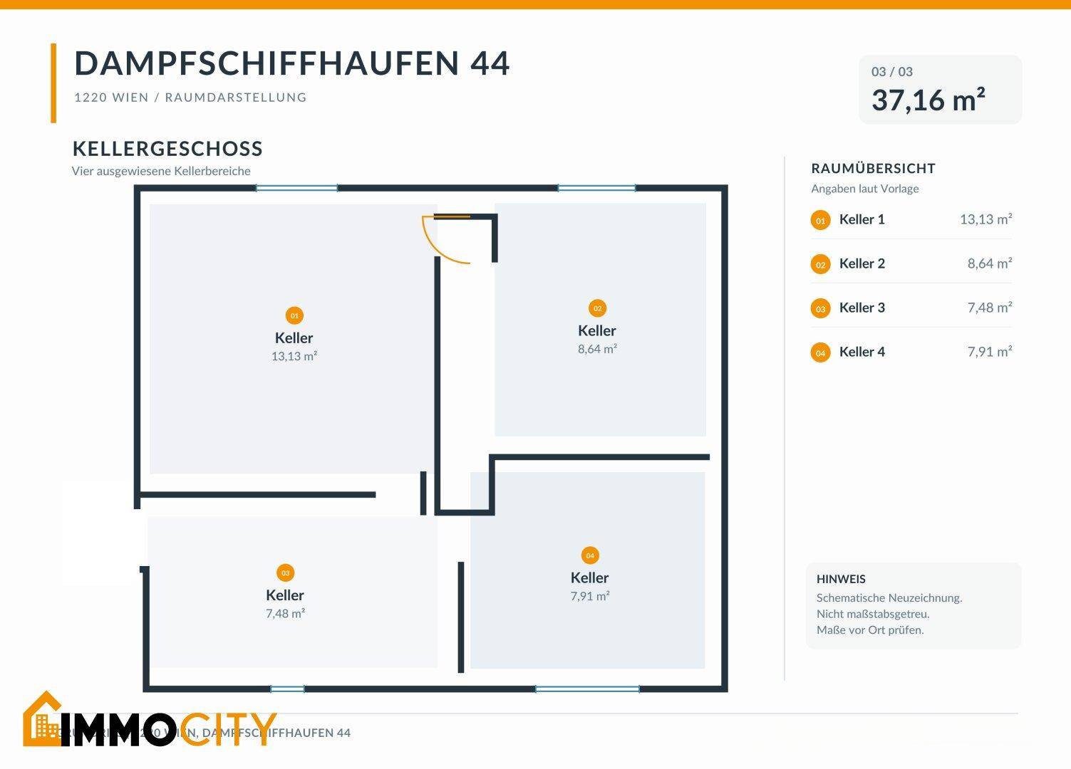 Grundriss des Kellergeschosses mit vier separaten Kellerräumen für Lagerzwecke.