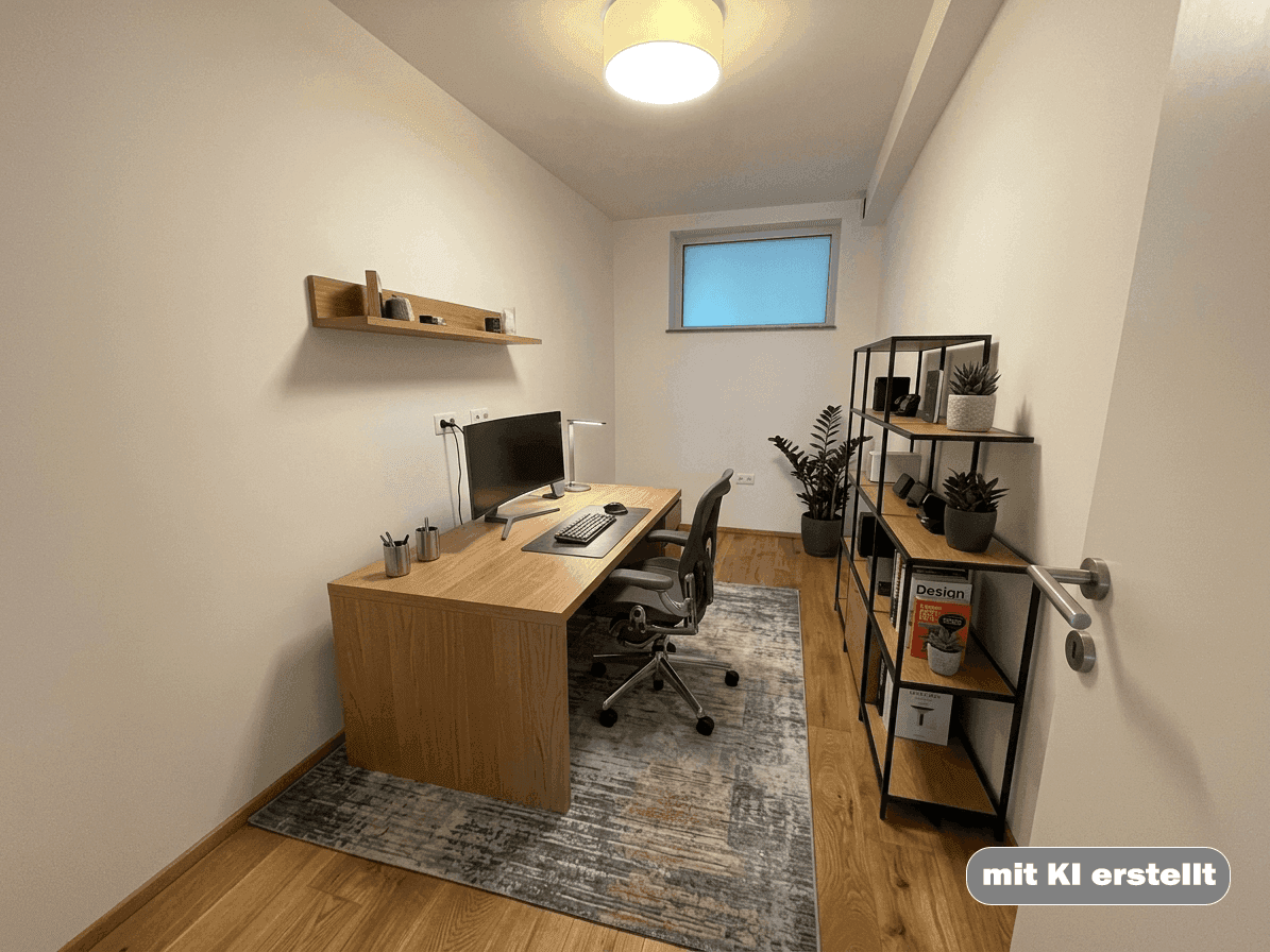 Funktionales Arbeitszimmer mit Schreibtisch, Regal und Holzboden, ideal für Home-Office.