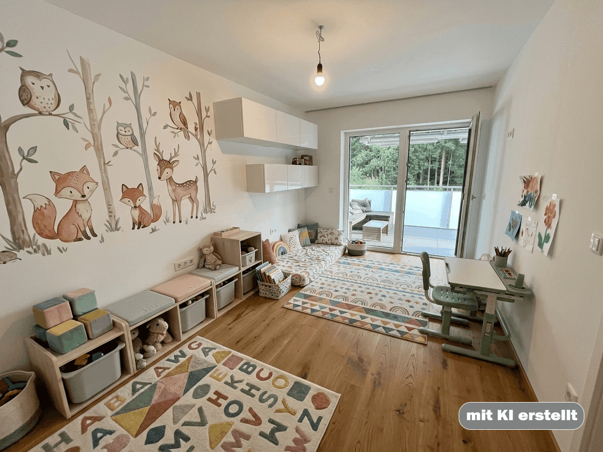 Farbenfrohes Kinderzimmer mit spielerischer Wanddekoration, Holzboden und Balkonzugang.